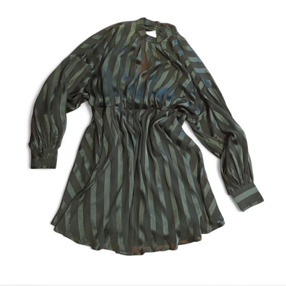 Maternity satin stripe wrap neck mini dress with blouson sleeves in green